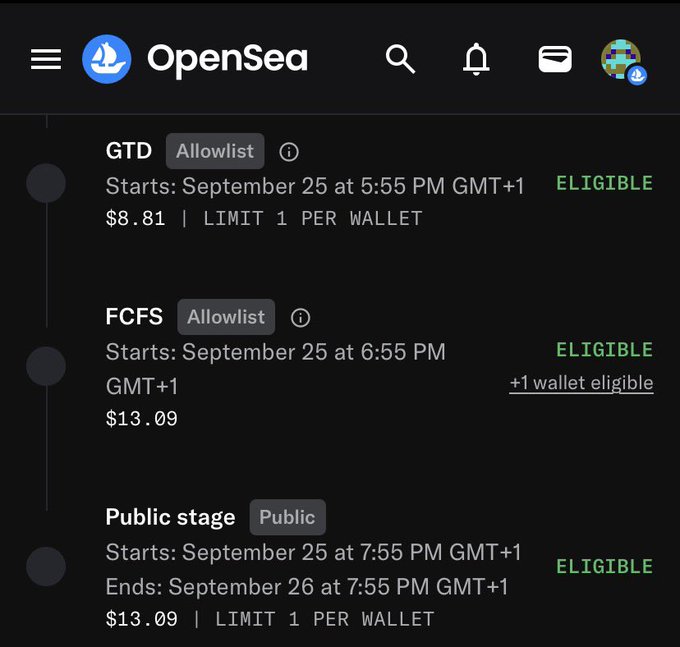 An OpenSea mobile screen showing mint stages labeled GTD (Allowlist), FCFS (Allowlist, +1 wallet eligible), and Public stage (Public), all marked ELIGIBLE with prices ranging from $8.81 to $13.09.