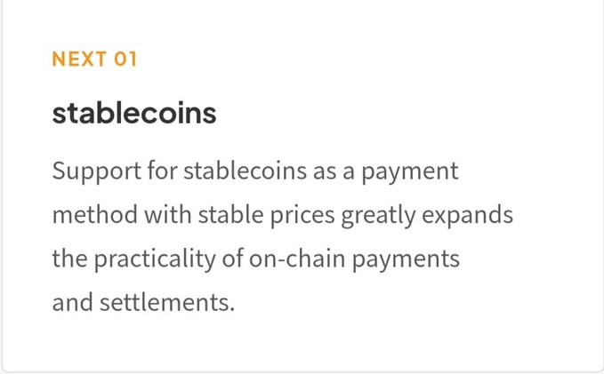 The image displays a teaser slide titled "stablecoins" under the heading "NEXT 01," explaining that stablecoin payment support will enhance the practicality of on-chain transactions and settlements. This aligns with the post announcing upcoming developments on #JASMY CHAIN powered by #JANCTION, hinting at stablecoin integration as a future feature.