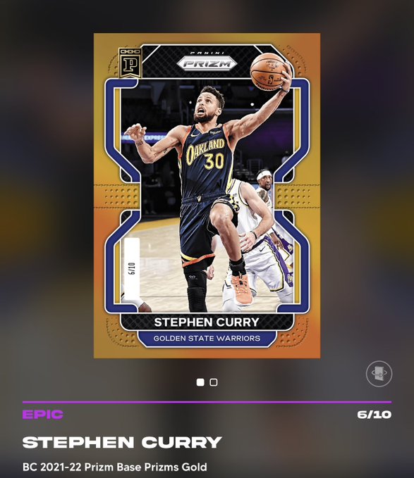 A digital basketball trading card from Panini Prizm featuring Stephen Curry of the Golden State Warriors in his #30 jersey driving to the basket, graded as EPIC 6/10 from the 2021-22 Prizm Base Prizms Gold set.
