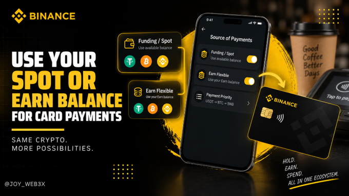 The image is a promotional graphic for Binance Card featuring the text "USE YOUR SPOT OR EARN BALANCE FOR CARD PAYMENTS" with the tagline "SAME CRYPTO. MORE POSSIBILITIES," alongside a smartphone displaying the "Source of Payments" settings screen with options for "Funding/Spot" and "Earn Flexible" balances, and a physical Binance card being tapped at a coffee shop terminal.

The image directly illustrates the post's explanation by showing how the Binance Card's payment source settings allow eligible users to toggle between their Spot wallet and Earn Flexible balance as funding options for card transactions, with Tether (USDT) shown as a supported asset paying via BTC → SNB conversion.