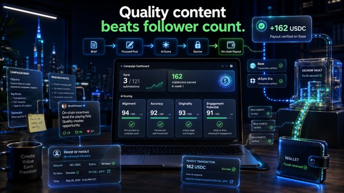 A promotional graphic stating 'Quality content beats follower count,' showing a campaign dashboard with metrics and a payment of +162 USDC verified on Base.