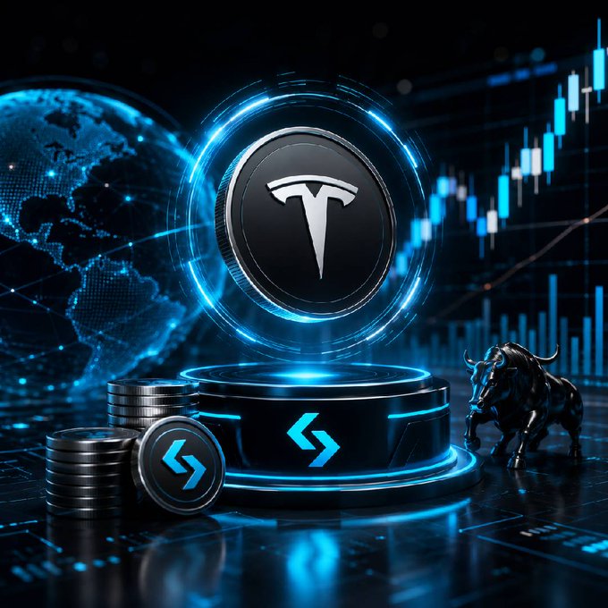 A futuristic, glowing blue digital illustration featuring a large coin with the Tesla 'T' logo hovering over a high-tech pedestal, with stacks of coins, a bull figure, a world map, and a rising financial candlestick chart in the background.