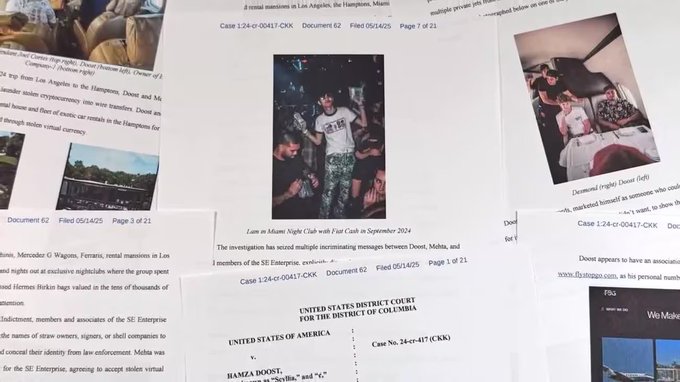A collection of court documents related to the "SE Enterprise" crypto scam case (Case No. 24-cr-00417-CKK) from the United States District Court for the District of Columbia, featuring photos of young individuals identified in the papers—Hamza, Mehta, and Doors—along with mentions of victims in Los Angeles, Miami, and Columbia, and references to an "Elsa" nightclub in Miami, illustrating the federal indictment against the alleged mastermind behind a $250 million cryptocurrency fraud scheme.