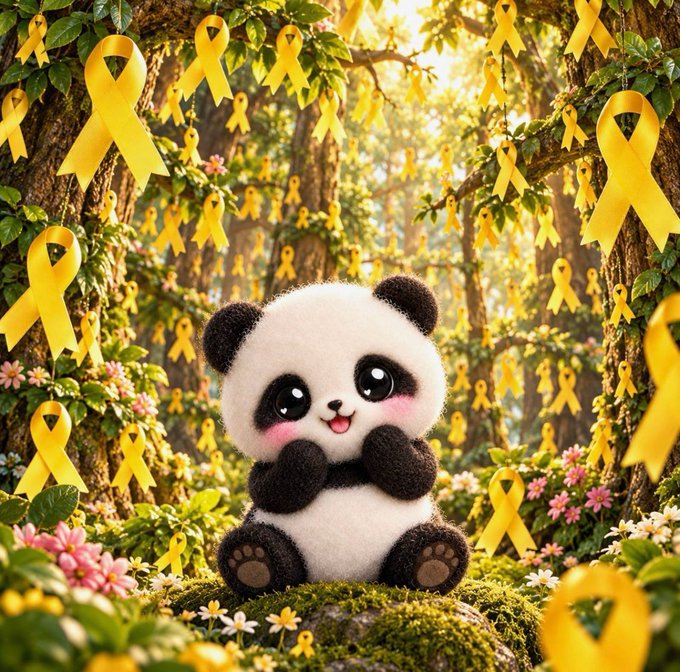 A cute black-and-white panda plush sits in a sunlit forest filled with yellow awareness ribbons and flowers, echoing the post’s “built to donate” charity theme. The caption highlights the $LOLA token promotion, including its doubled market cap, over $4k donated, buybacks and burns, and planned October trading.