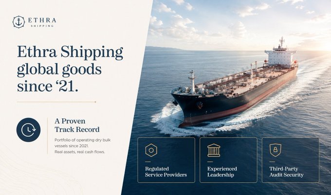 Ethra Shipping advertisement reading 'Ethra Shipping global goods since '21' with the tagline 'A Proven Track Record' and a large cargo ship at sea.
