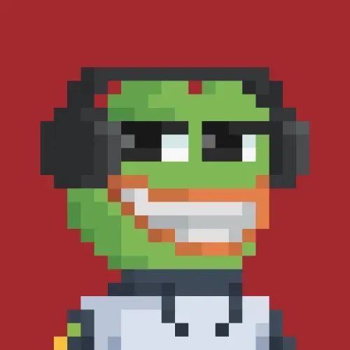A pixel art style green-skinned character with black headphones and an orange bandana over its mouth on a red background.