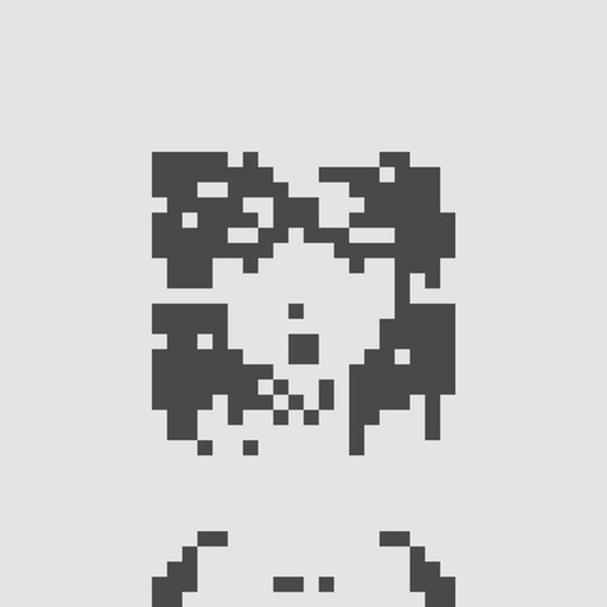 A pixel art style face design on a light gray background, rendered in dark gray blocky shapes.