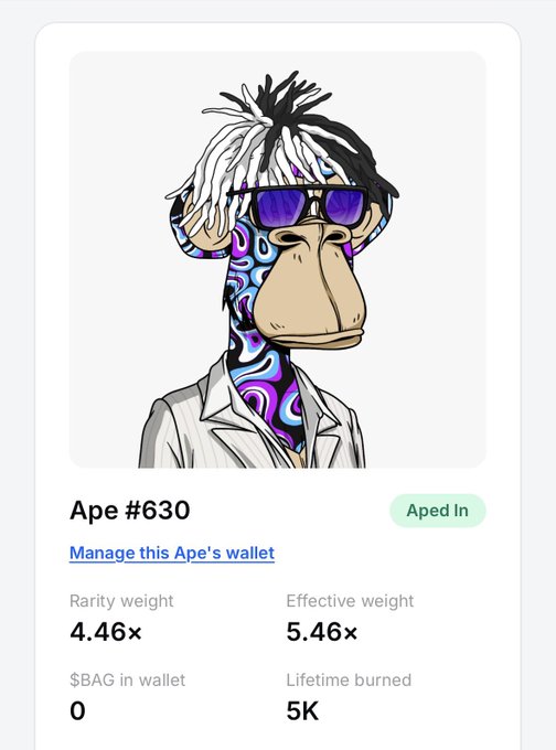 A screenshot of a Bored Ape Yacht Club NFT profile for 'Ape #630' showing a monkey with black and white hair and sunglasses, with a 'BURNED' stamp on its face and stats including a 4.46x rarity weight.