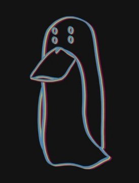 A minimalist line drawing of a penguin with a chromatic aberration effect (red and blue color fringing) on a black background, serving as a stylistic illustration for the ZachXBT alert about Revolut allegedly mishandling user data through fraudulent government information requests targeting high-net-worth individuals.
