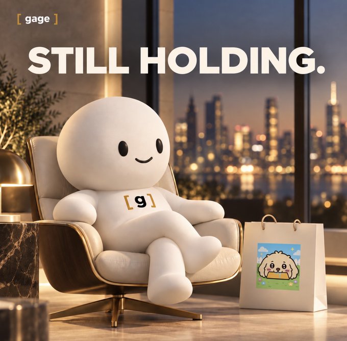 An advertisement featuring a smiling white mascot character sitting in a chair, with the text '[ gage ]' and 'STILL HOLDING.' visible above, next to a shopping bag, against a city skyline backdrop.