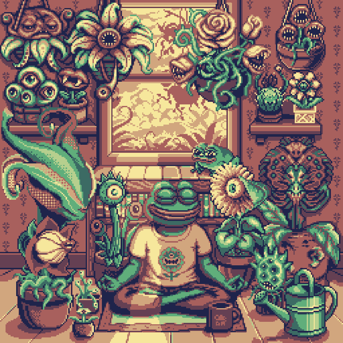 A pixel-art illustration of Pepe the Frog sitting in a meditative pose wearing a flower shirt, surrounded by an abundance of surreal, monstrous plants with eyes and teeth in a richly decorated room with patterned wallpaper.