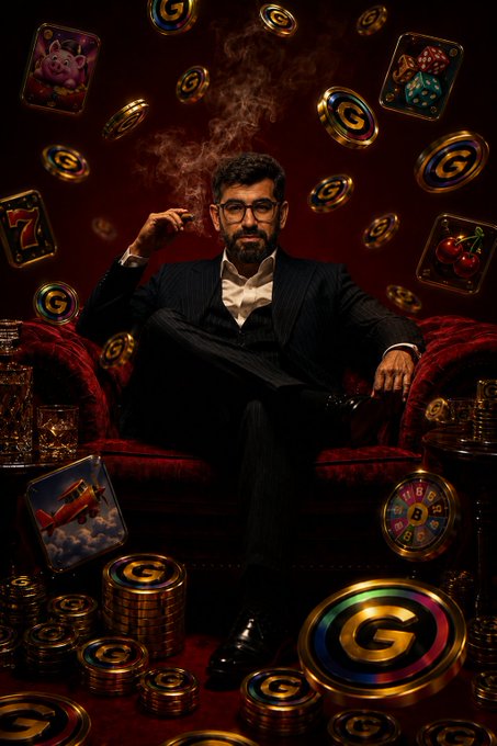 A bearded man in a pinstripe suit sits on a red velvet couch, smoking a cigar amid floating gold coins and casino-themed icons like slot machine symbols (7s, cherries) and a roulette wheel, all branded with a prominent "G" logo—visually reinforcing the ad's pitch for "$G COIN," a utility token for Web3 Gaming.