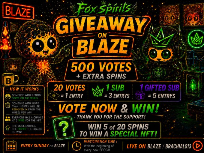A promotional banner for a 'Fox Spirits Giveaway on Blaze' offering 500 votes plus extra spins, with entry rules (20 votes = 1 entry, 1 sub = 3 entries, 1 gifted sub = 5 entries) and a chance to win a special NFT.