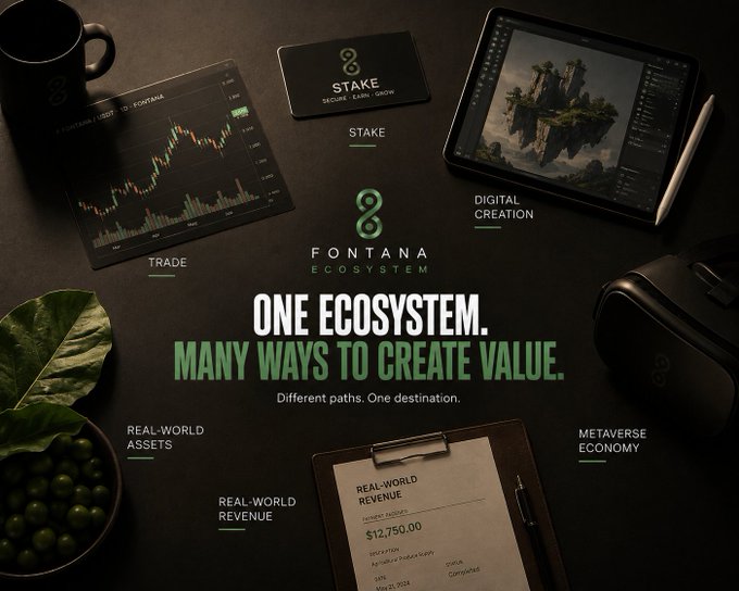 A promotional graphic for the 'Fontana Ecosystem' displaying the tagline 'ONE ECOSYSTEM. MANY WAYS TO CREATE VALUE.' alongside visual elements for Trade, Stake, Digital Creation, Real-World Assets, Real-World Revenue, and Metaverse Economy.