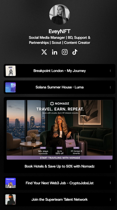 The image shows a Linktree profile for "EvyNFT," who is described as a Social Media Manager, BD Support & Partnerships, Scout, and Content Creator, featuring links to posts about "Breakpoint London - My Journey," "Solana Summer House - Luma," and "Book Hotels & Save Up to 50% with Nomadz," among others. The profile displays a polished layout with social media icons for X, LinkedIn, Instagram, and TikTok, fitting the caption's playful pride in the linktree's appearance.