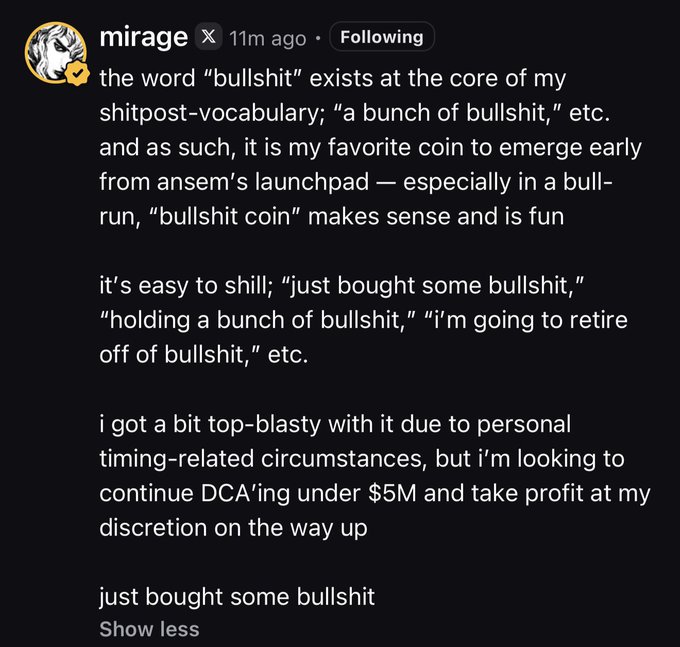 A social media post by user 'mirage' about a cryptocurrency called 'bullshit coin' from ansem's launchpad, describing trading strategies and personal investment approach.