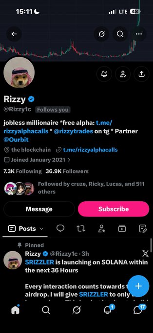 A mobile screenshot of the "Rizzy" (@Rizzy1c) Twitter/X profile with 36.9K followers, advertising $SRIZZLER launching on Solana.