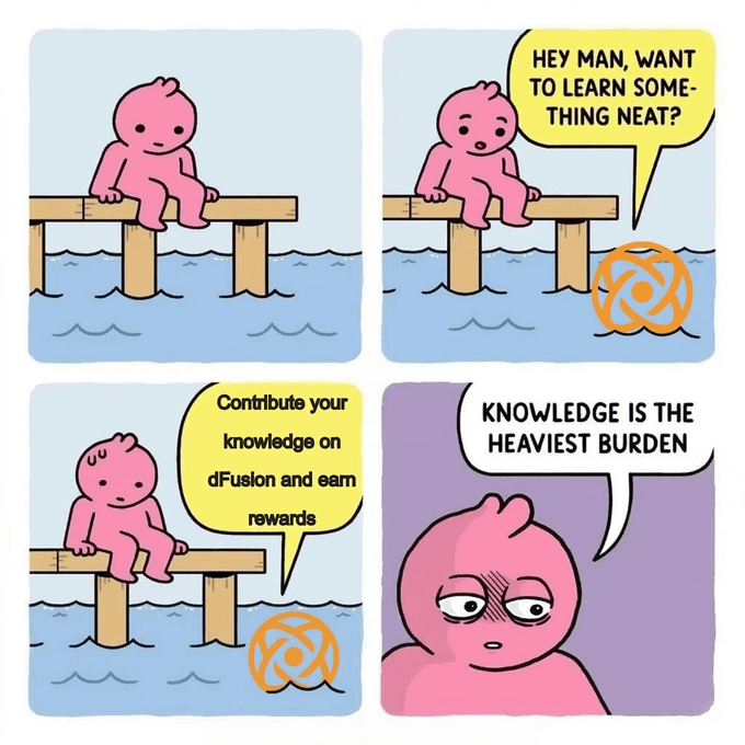 A four-panel comic featuring a pink character on a dock talking to an orange symbol in the water, with dialogue bubbles reading 'Hey man, want to learn something neat?', 'Contribute your knowledge on dFusion and earn rewards', and 'Knowledge is the heaviest burden'.