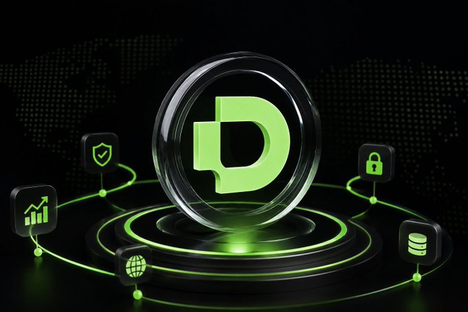A 3D-rendered graphic of a Dogecoin-style "D" logo encased in a glass sphere, surrounded by icons for security, analytics, data, and networking on a dark background.