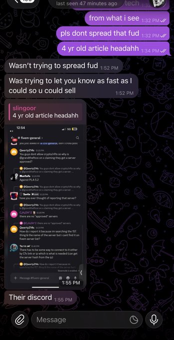 A mobile messaging app screenshot showing a conversation about a '4 yr old article' being shared, with the sender defending themselves saying 'Wasn't trying to spread fud' and explaining they shared it to warn quickly.