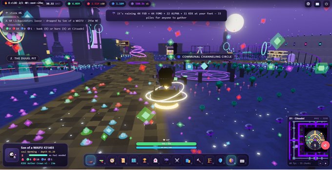 A colorful screenshot of the Roblox game 'D01' showing an avatar on a checkered path surrounded by gems, with interface elements including 'COMMUNAL CHANNELING CIRCLE' and 'THE DOUGIE PIT' visible.