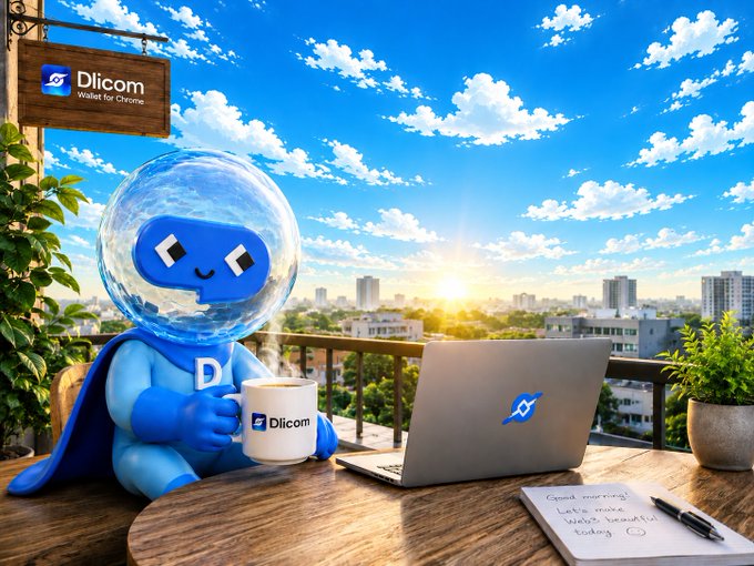 The image features an office scene with a laptop computer sitting open on a table next to a person wearing a blue suit hat that has a face on it. The person appears to be working or studying, as there are also some books present on the table. A cup of coffee is placed nearby, and a plant can be seen in the background. The image includes text that reads "Good Morning with @DlicomApp Every sunrise brings a new opportunity to build, learn, and grow in Web3. Stay focused, stay consistent, and keep moving forward—one block at a time." This suggests that the person is likely involved in the cryptocurrency or blockchain space, as they are referred to as an " "@DlicomApp" user.