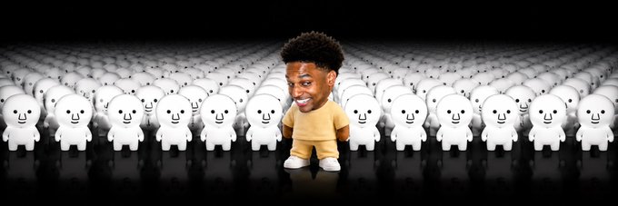 A meme image showing a 3D-rendered Black man with a small afro surrounded by a vast army of identical white cartoon ghost-like figures against a black background.