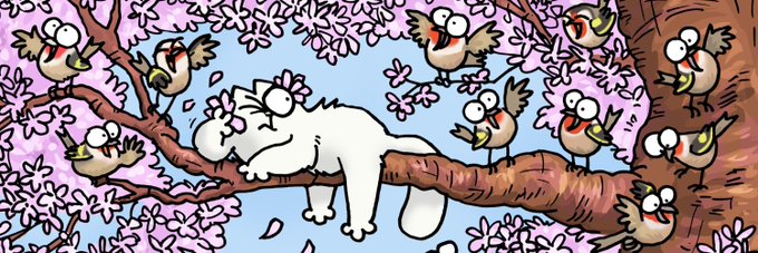 A cartoon white cat with a flower in its hair lounges sleepily on a cherry blossom branch, surrounded by cheerful singing birds. The serene, whimsical scene perfectly matches the "Vibes are unmatched" caption, capturing a moment of pure blissful tranquility.