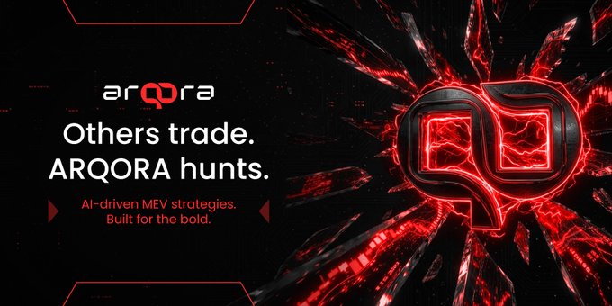 A bold promotional graphic for ARQORA featuring a futuristic red-and-black design with shattered glass effects and a glowing 3D "AQ" logo. The image displays the text "Others trade. ARQORA hunts." along with the tagline "AI-driven MEV strategies. Built for the bold." visually reinforcing the brand's aggressive, AI-powered approach to crypto trading.