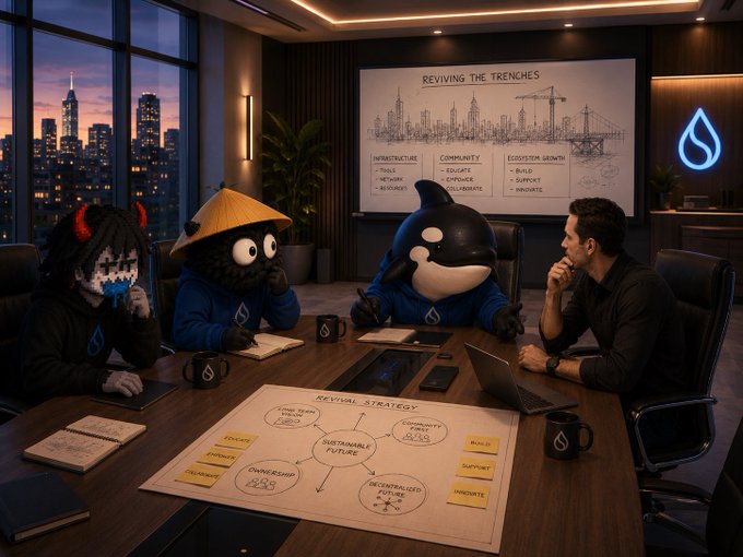 AI-generated image showing cartoon characters and a businessman in a meeting room with 'REVIVING THE TRENCHES' and 'REVIVAL STRATEGY' presentations.