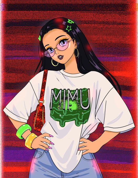 An anime-style illustration of a girl with long dark hair, pink sunglasses, and a white t-shirt featuring the text 'MIMU' over a green slime design, set against a red and purple striped background.