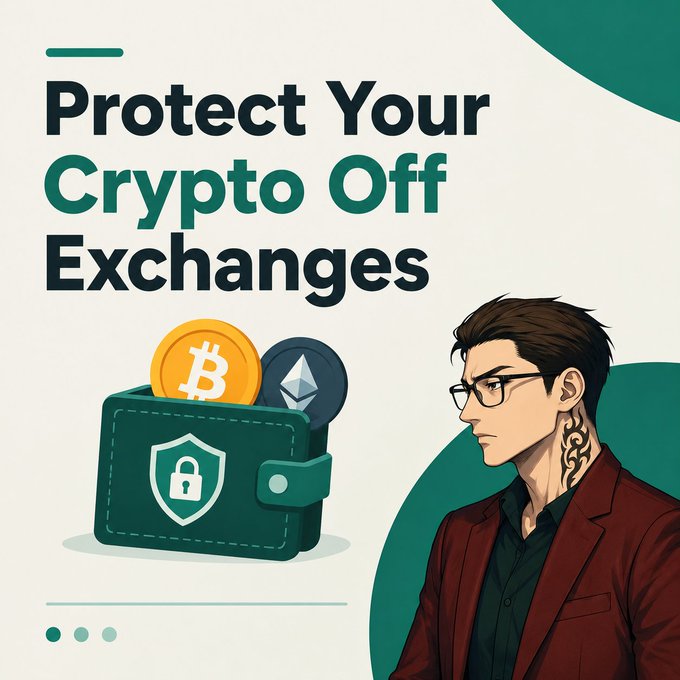 A teal and cream digital illustration showing a man in a red jacket beside a green wallet containing Bitcoin and Ethereum coins, with the bold heading 'Protect Your Crypto Off Exchanges.'