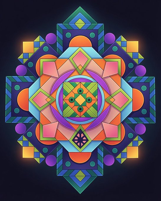The image features a vibrant geometric design with a large circle at its center surrounded by smaller circles of various colors including pink, green, blue, orange, purple, and yellow. The design appears to be a pattern or a mosaic, possibly made from small tiles or pieces of paper. The background is dark, which contrasts with the colorful elements in the foreground. The image also contains text that reads "PineRest 2" and "Minted on Objkt for sale on Sunday...".