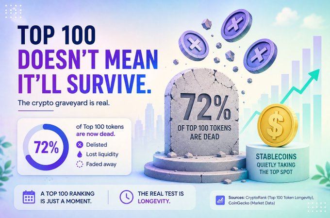 An infographic stating 'TOP 100 DOESN'T MEAN IT'LL SURVIVE' and '72% OF TOP 100 TOKENS ARE DEAD', illustrating that a top 100 ranking is just a moment, sourced from CryptoRank and CoinGecko.