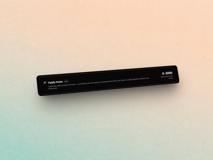 A long black banner displayed on a gradient background, showing a 'Yieldify Points' widget with text describing a reward system that doubles from first deposit, with a balance of '0.0000' shown on the right.