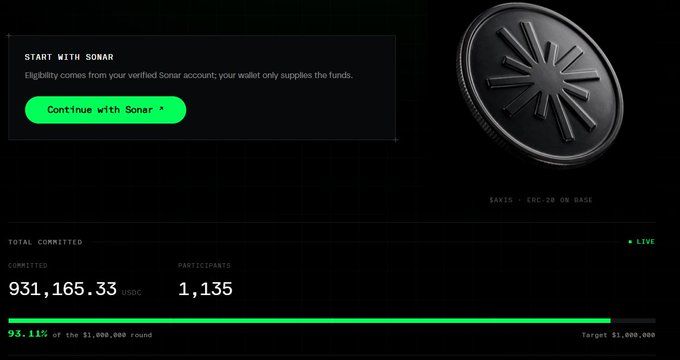 Cryptocurrency ICO page titled 'START WITH SONAR' showing total committed of 931,165.33 USDC with 1,135 participants, targeting $1,000,000.