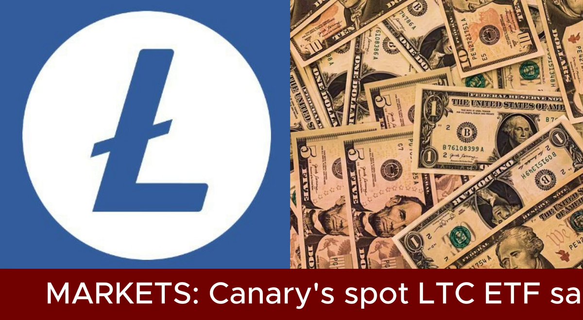 The image features a collage that displays two parts. The top part shows the trading symbol for Litecoin (LTC), while the bottom part shows various stacks of US dollar banknotes with the words "Market: Canary's Spot LTC ETF Sa" printed above them. This combination of elements suggests a connection between the trading symbol and market performance, as well as a reference to the cryptocurrency market in the context of the image title.