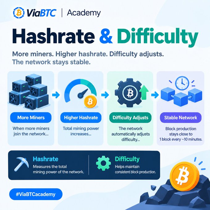 An educational infographic from ViaBTC Academy explaining 'Hashrate & Difficulty' in Bitcoin mining, showing the flow from More Miners to Higher Hashrate to Difficulty Adjusts to Stable Network, with definitions of hashrate and difficulty at the bottom.