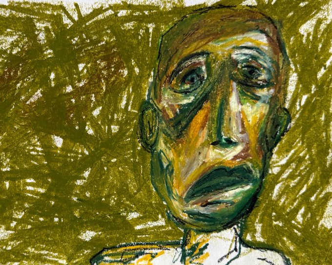 An expressive pastel or oil sketch portrait of a bald man with intense eyes, rendered in green, yellow, and brown tones against a heavily scribbled olive-green background, evocative of Edvard Munch's style.