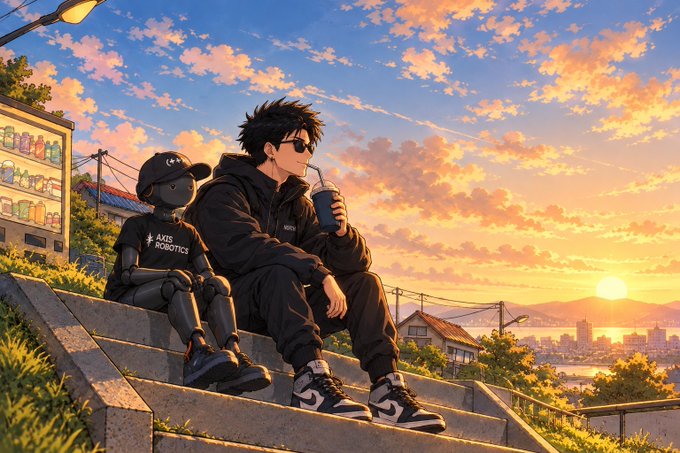 An anime-style illustration of a young man wearing sunglasses and a black hoodie sitting on steps with a small robot companion at sunset, overlooking a cityscape and bay.
