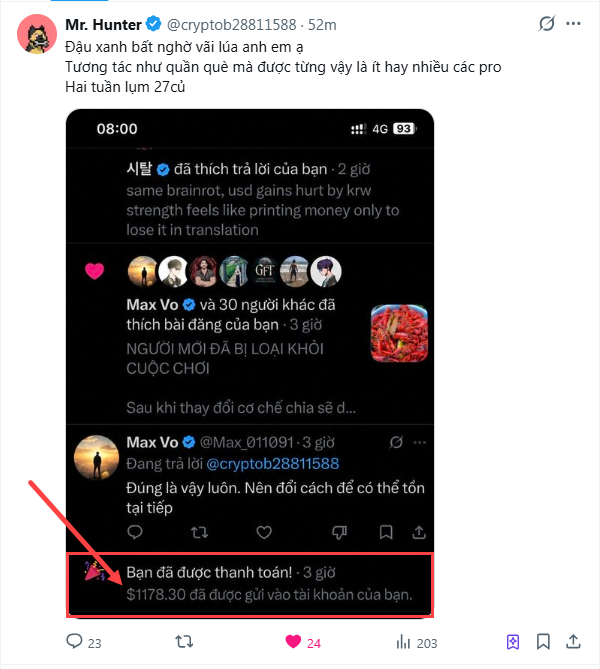 A screenshot of a Twitter/X post from 'Mr. Hunter @cryptob28811588' in Vietnamese, highlighting a payment notification of '$1178.30' sent to the user's account.