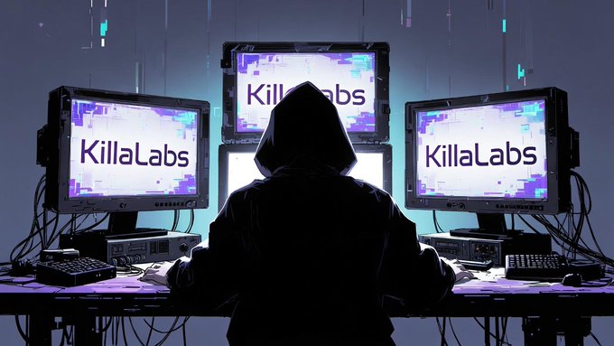 A hooded figure sits at a multi-monitor station, with all three screens displaying "KillaLabs" in a glitchy purple-and-white aesthetic, visually reinforcing the secretive, exclusive nature of the trading methodology being promoted in the post. The dark, mysterious imagery aligns with the message of unveiling hidden BTC pivot strategies only available through direct access.