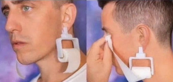A young man with short hair wears oversized, quirky white earrings shaped like the number "9" or hook-like symbols, with a close-up view showing him adjusting them. The image humorously illustrates the post's claim of an "emotional support" device invented for XRP Holders, likely poking fun at the volatility and emotional rollercoaster associated with holding the cryptocurrency.