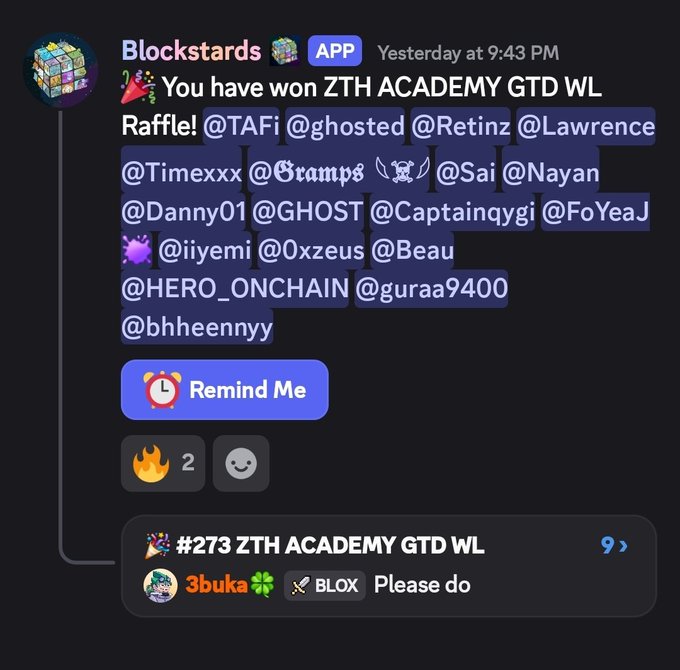 A Telegram message notification from the 'Blockstars APP' announcing winners of the 'ZTH ACADEMY GTD WL Raffle' and tagging multiple usernames, with a 'Remind Me' button visible.