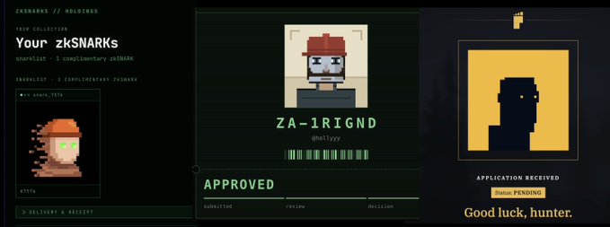 Three NFT holders' cards displayed under 'ZKSNARKS // HOLDERS', showing pixel art characters including 'Your zkSNARKs', 'ZA-1RIGND' marked APPROVED, and 'J Status PENDING' with the message 'Good luck, hunter.'