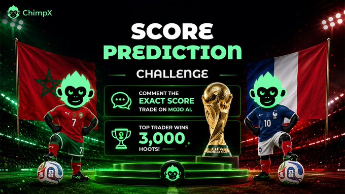 A promotional graphic from ChimpX announces a "Score Prediction Challenge" for the Morocco vs. France FIFA World Cup match, offering 3,000 Hoots to the top eligible trader who correctly guesses the exact score in the comments. The image features cartoon chimpanzee mascots representing both teams in front of their respective national flags, with the FIFA World Cup trophy displayed prominently in the center.