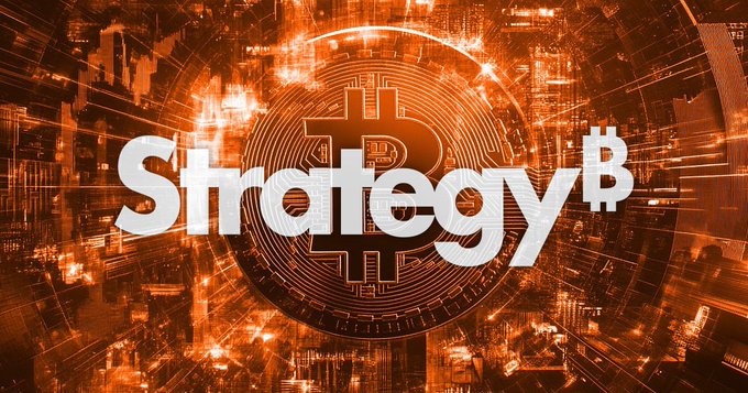 An orange-toned graphic featuring a Bitcoin symbol in a circuit-like design with the word 'Strategy' displayed prominently across it.
