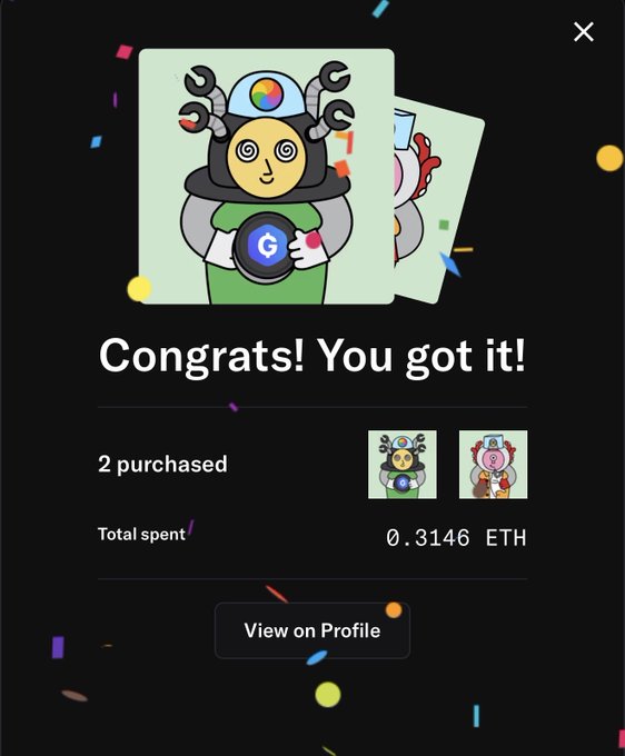 A Google NFT purchase confirmation screen showing "Congrats! You got it!" with 2 purchased for 0.3146 ETH.