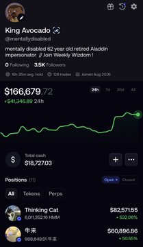 The image shows a screen-capture of a profile named "King Avocado" (@mentallydisabled) on what appears to be a trading platform, displaying a portfolio value of $166,679.72 (up $41,346.89 in 24 hours) with a total cash position of $18,727.03, including holdings in "Thinking Cat" ($82,571.55) and "@mai" ($60,896.86). The accompanying celebratory post about rapid account growth ties directly to the screenshot, which serves as proof of the user's claimed 9-day journey from $5k to six figures and their top 70 ranking.