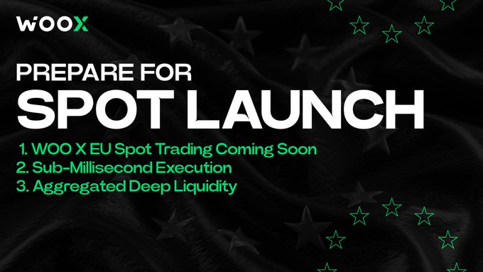 WOO X cryptocurrency exchange advertisement announcing an upcoming EU Spot Launch with sub-millisecond execution and aggregated deep liquidity, featuring green star graphics on a dark textured background.